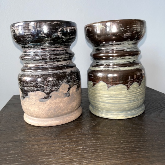 Pair of Urban Barn "Margo'" pewter-glazed, ceramic candle-holders, approx 6 in. - Picture 6 of 9